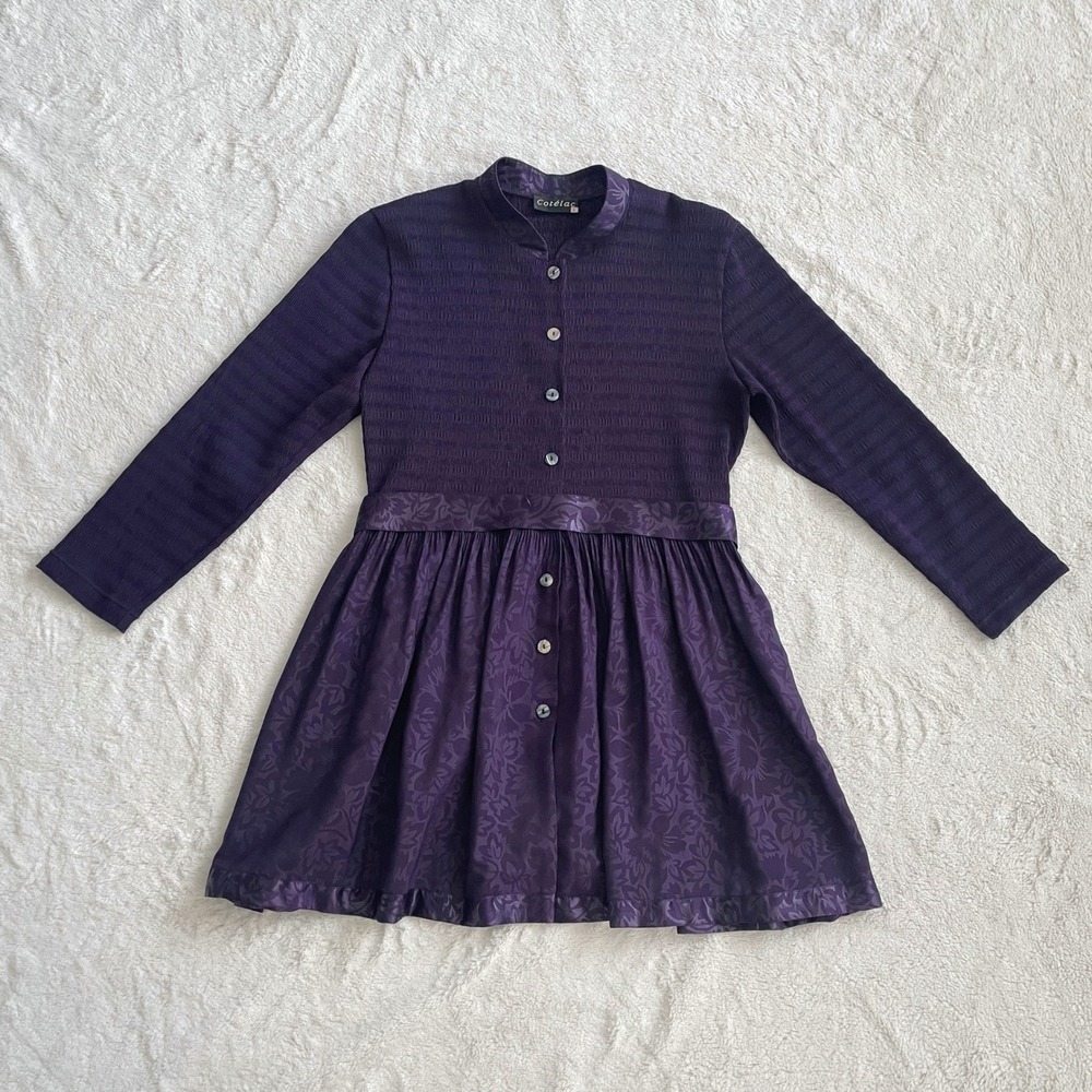 Cotelac Smocked Floral Jacquard Mini Dress Made in France Purple Size‎ 2